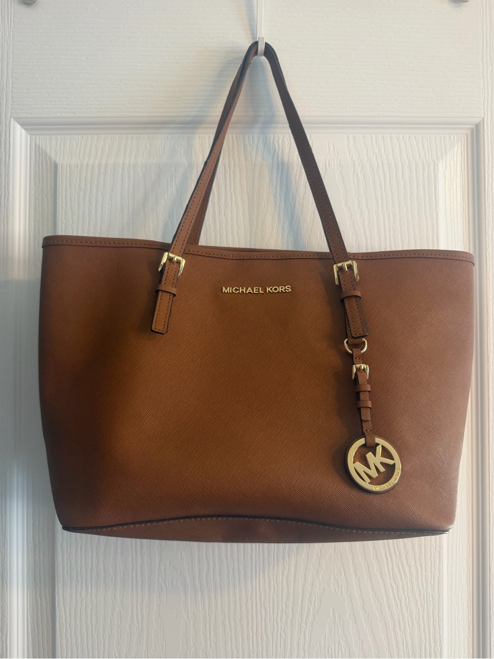 Michael Kors Chestnut Brown Leather Tote with Gold MK Charm